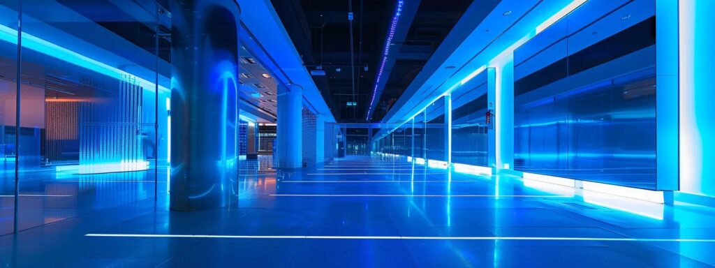 a sleek, futuristic data center hums with vibrant blue lights, showcasing intricate servers that symbolize the power of private ai technologies in revolutionizing data management.