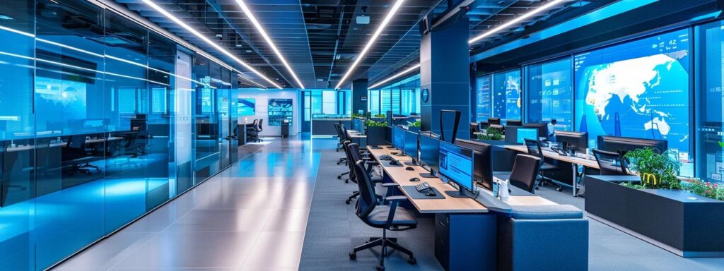 a sleek, futuristic office glows with vibrant digital displays showcasing intelligent automation and ai innovation, embodying the essence of next-generation technology.