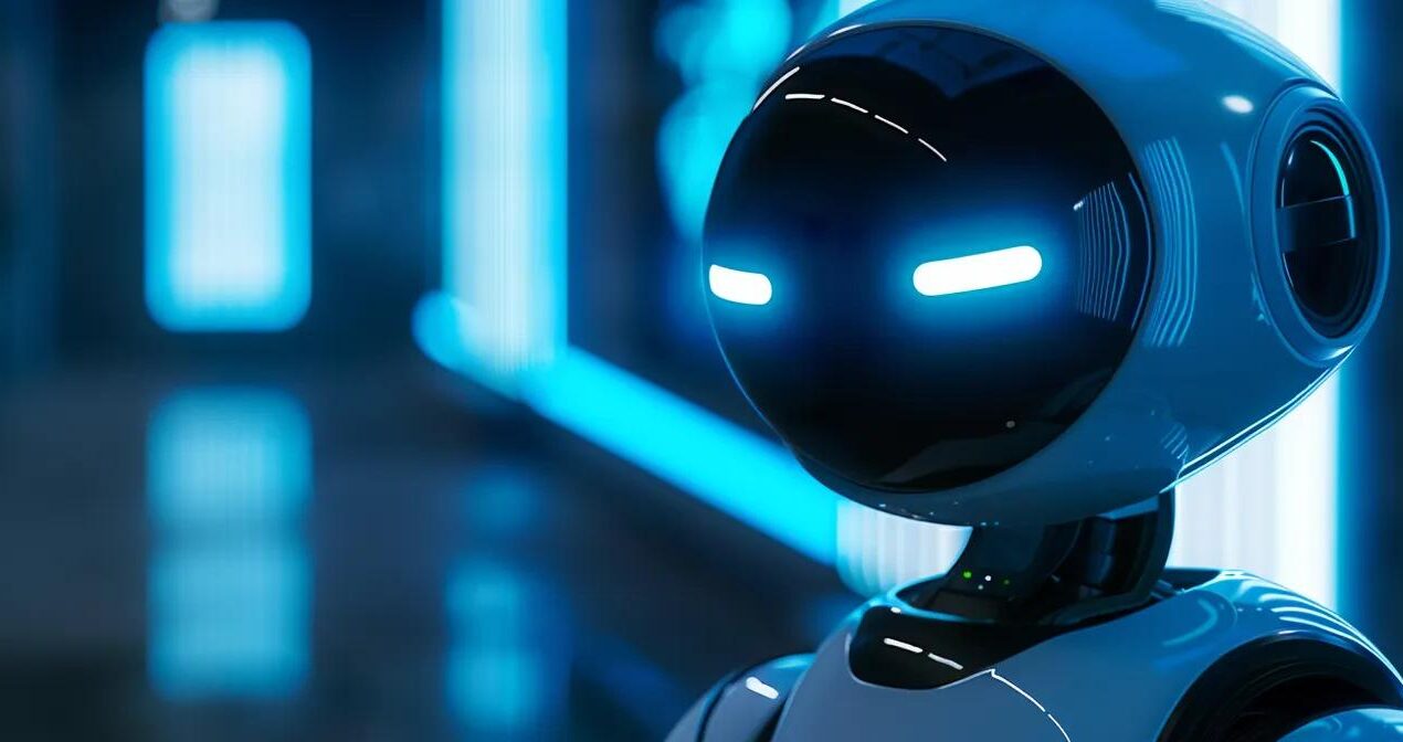 a sleek, futuristic private ai agent hovers quietly in a dimly lit room, its glowing interface casting an ethereal blue light across the metallic surfaces.