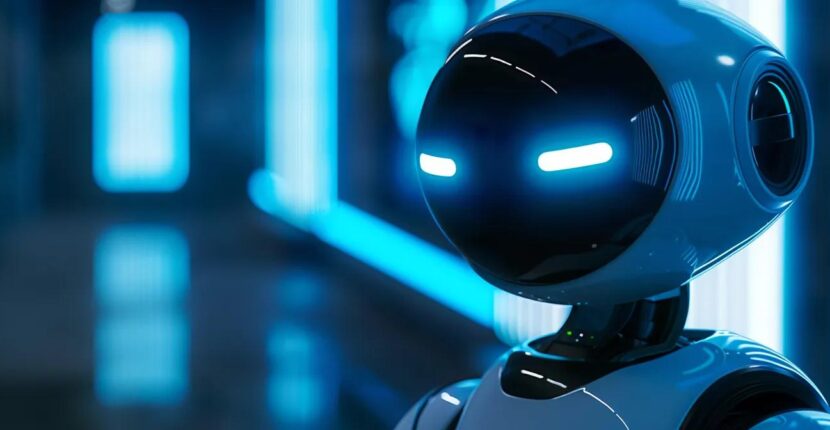 a sleek, futuristic private ai agent hovers quietly in a dimly lit room, its glowing interface casting an ethereal blue light across the metallic surfaces.