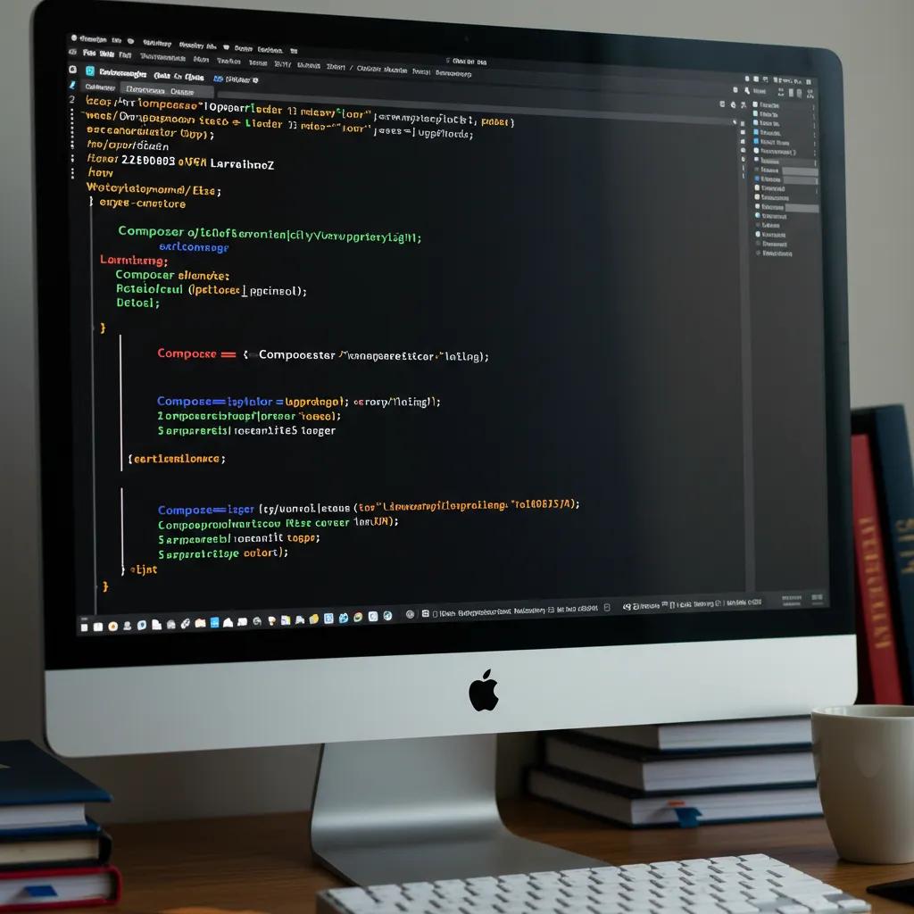 Close-up of a computer screen displaying Composer commands for managing Laravel project dependencies