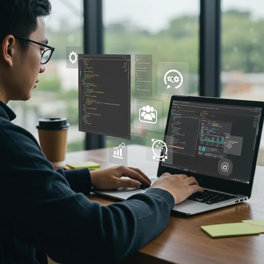 Developer working on Laravel upgrade with code snippets and icons