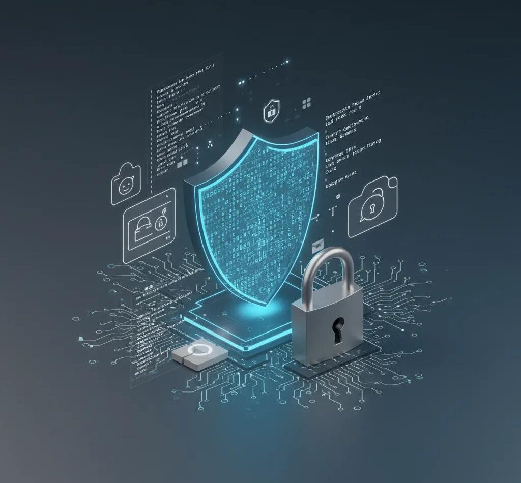 Digital security illustration featuring a shield and code snippets, emphasizing the security benefits of Laravel upgrades