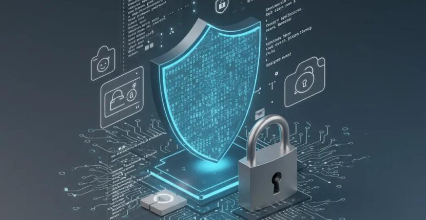 Digital security illustration featuring a shield and code snippets, emphasizing the security benefits of Laravel upgrades