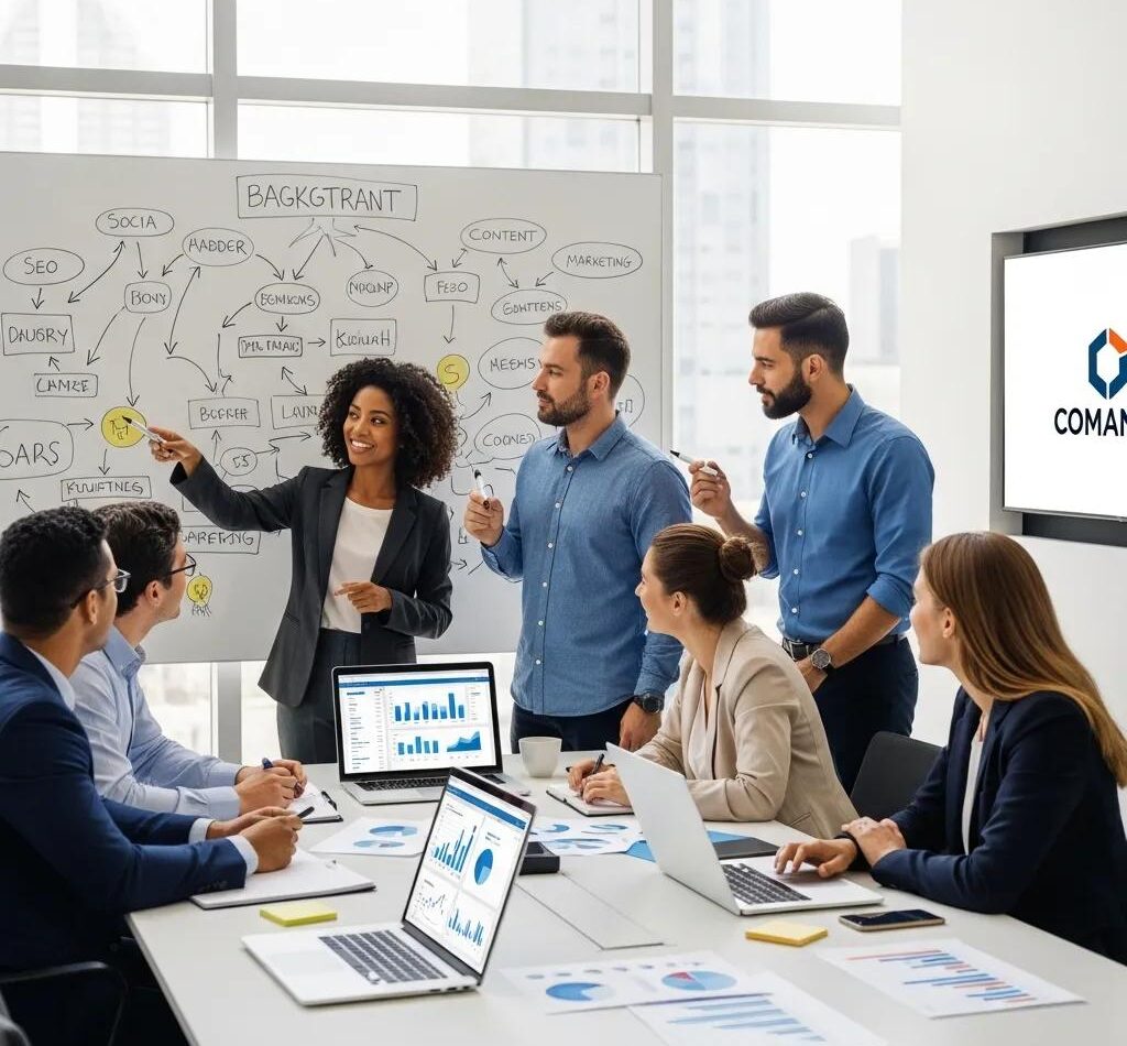 Business professionals collaborating on a B2B content marketing strategy in a modern office, discussing ideas with visual data presentations on laptops and a whiteboard displaying marketing concepts.