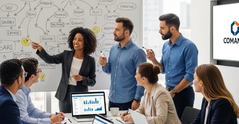 Business professionals collaborating on a B2B content marketing strategy in a modern office, discussing data and ideas with charts displayed on laptops and a whiteboard.