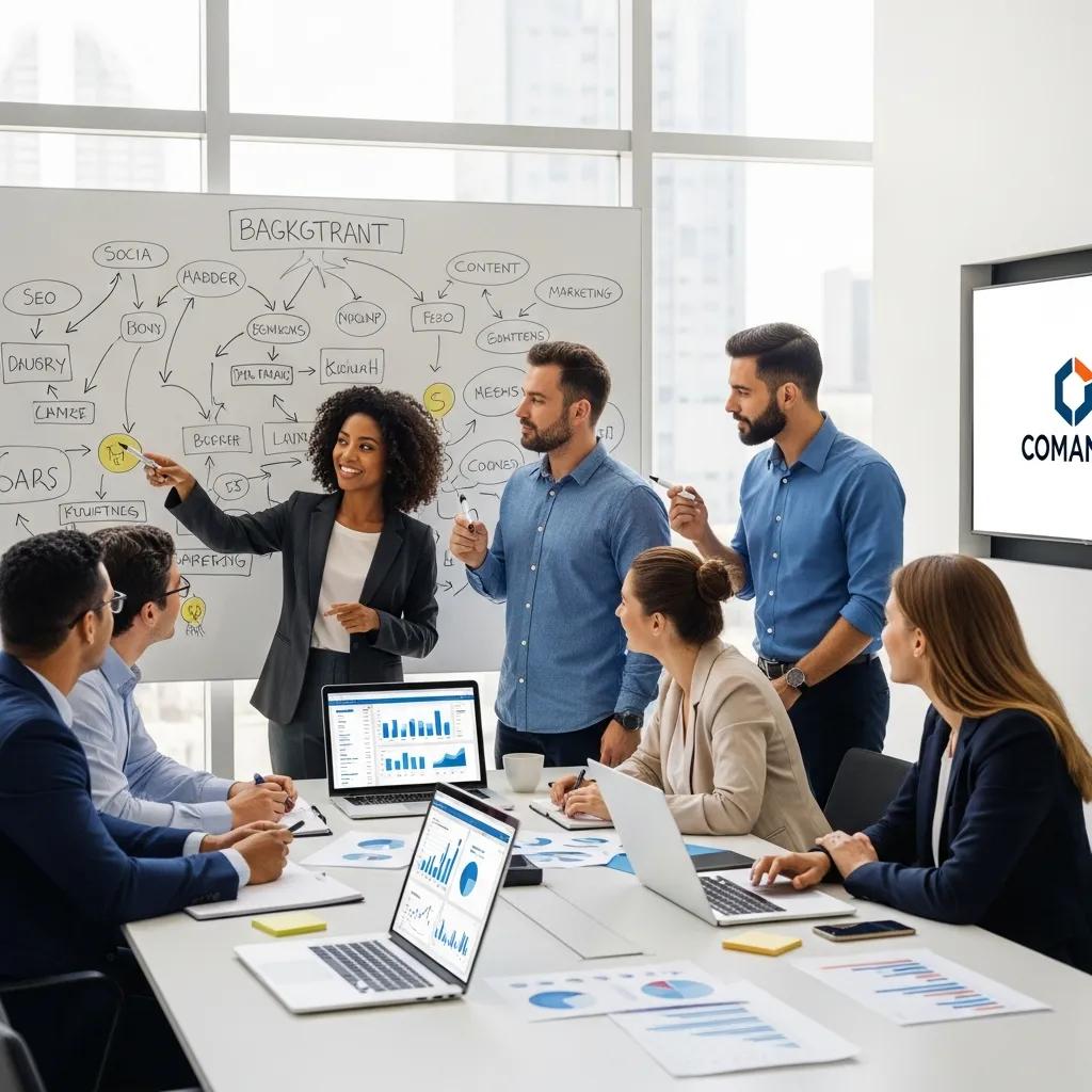 Business professionals collaborating on a B2B content marketing strategy in a modern office