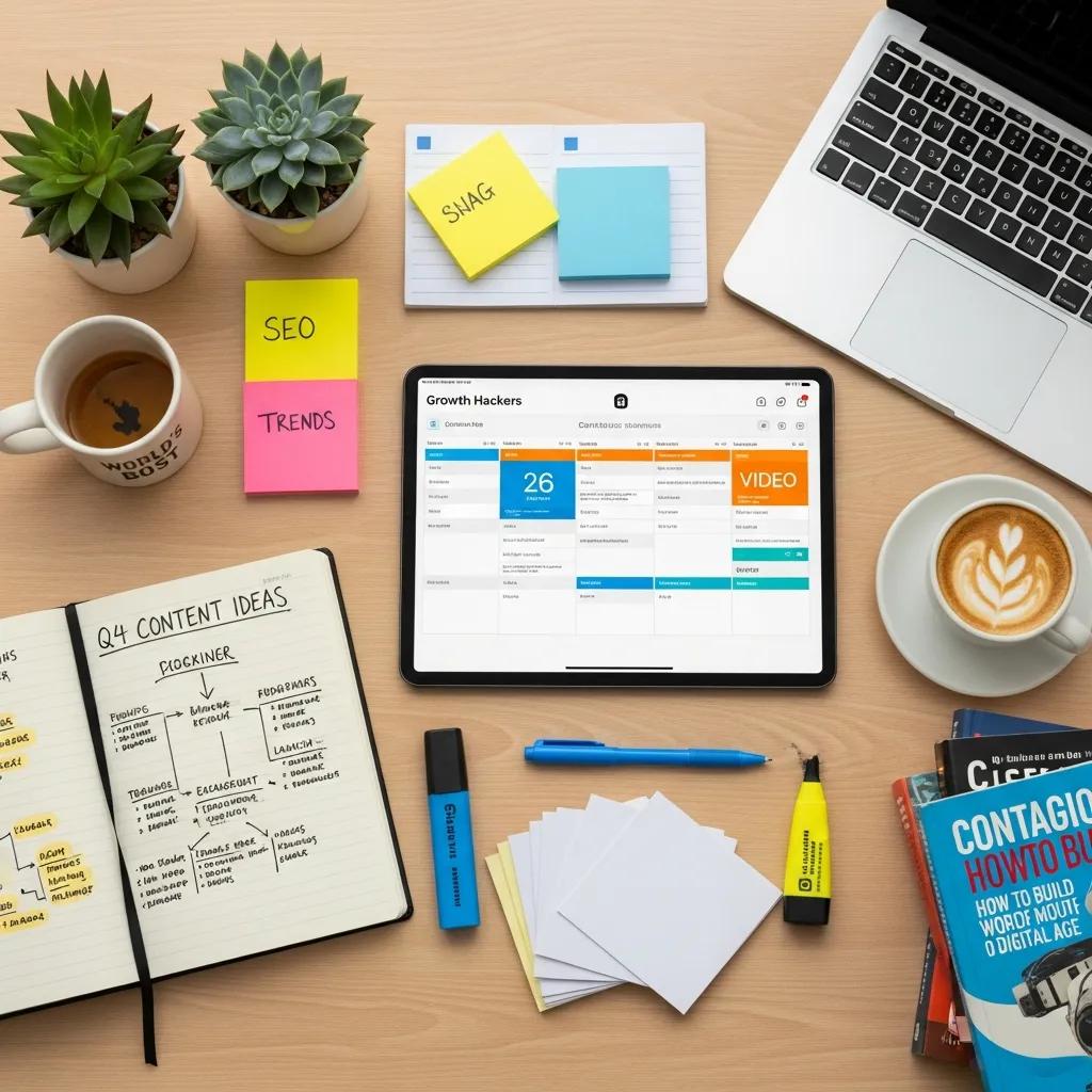 Content calendar and brainstorming materials in a bright workspace for strategic content planning