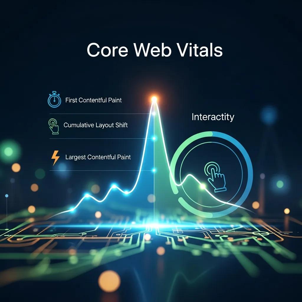 Digital representation of Core Web Vitals metrics, highlighting First Contentful Paint, Cumulative Layout Shift, and Largest Contentful Paint, with emphasis on interactivity, illustrating the impact of technical SEO audits on website performance.