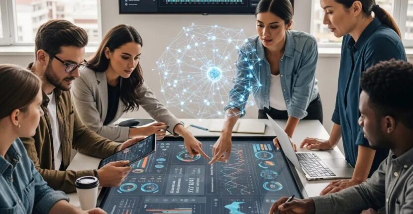Diverse professionals collaborating on an AI-driven SEO strategy using a digital interface displaying analytics and data visualizations in a modern office setting.