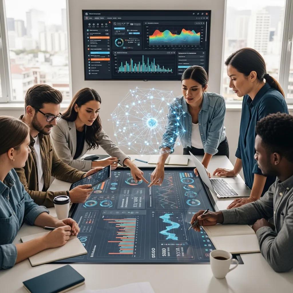 Diverse professionals collaborating on an AI-driven SEO strategy, analyzing data visualizations on a digital display and interactive table in a modern office setting.