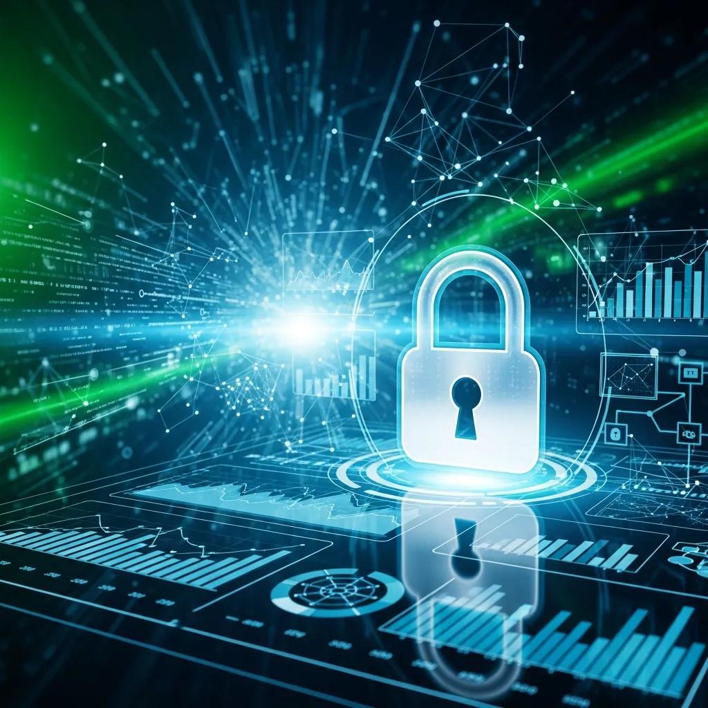 Lock symbol over a digital interface, illustrating data privacy's impact on technical SEO audits and website performance, with graphs and data visualizations in the background.