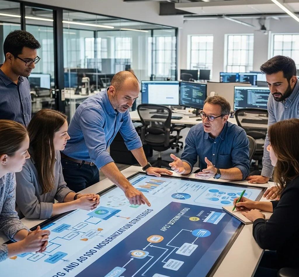 Team collaborating in a modern office setting, discussing RPG and AS400 modernization strategies on a touchscreen display, with charts and diagrams illustrating digital marketing solutions.