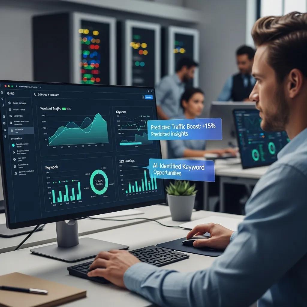 Professional analyzing AI-driven SEO analytics on a computer screen, displaying predicted traffic boost, keyword opportunities, and SEO rankings, in a modern office environment.