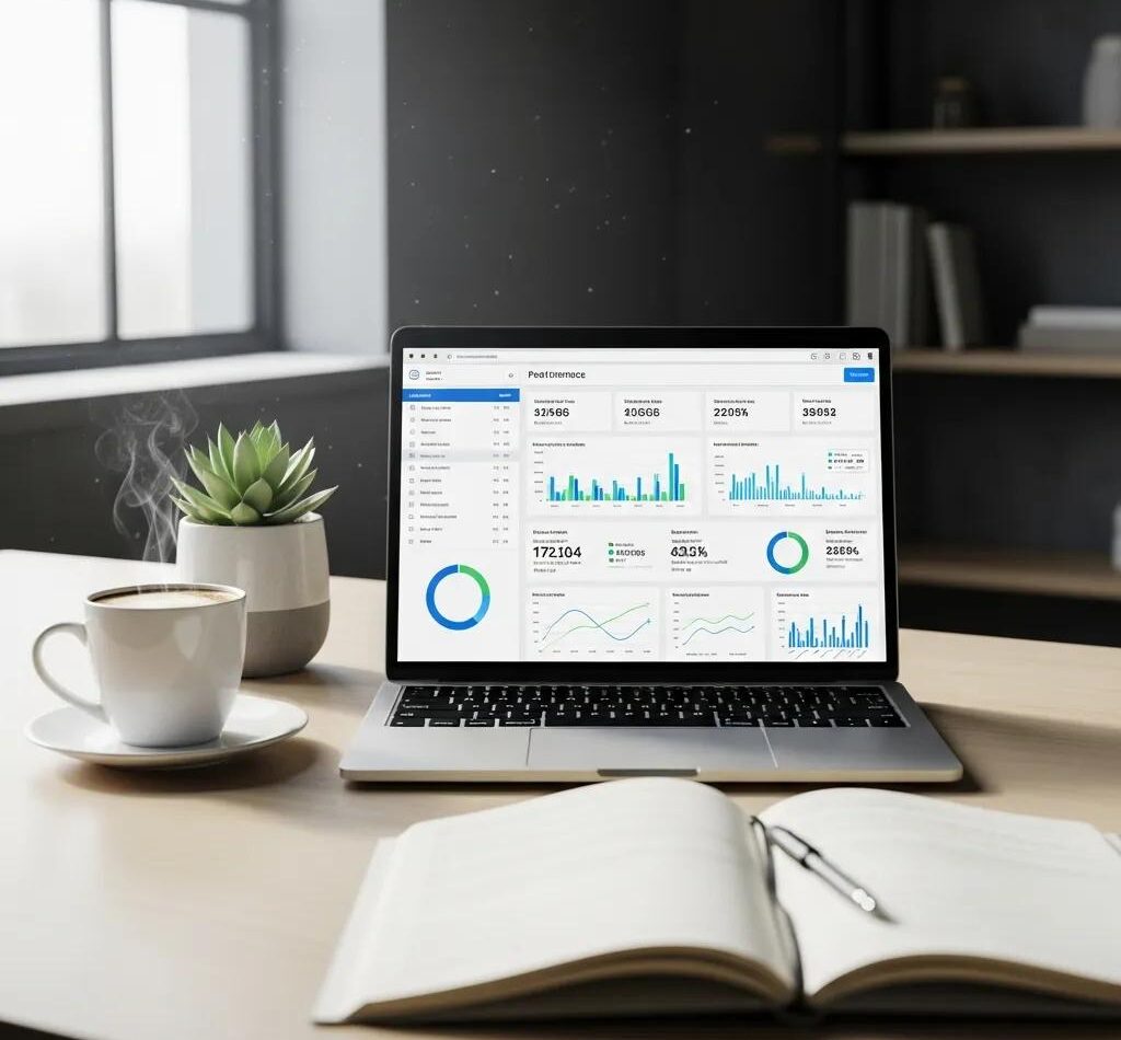 Professional workspace featuring a laptop displaying website performance metrics and technical SEO audit data, with a coffee cup and plant on the desk.