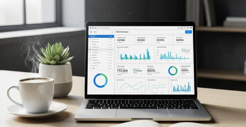 Laptop displaying website performance metrics and technical SEO audit data, with a coffee cup and plant in a professional workspace setting.