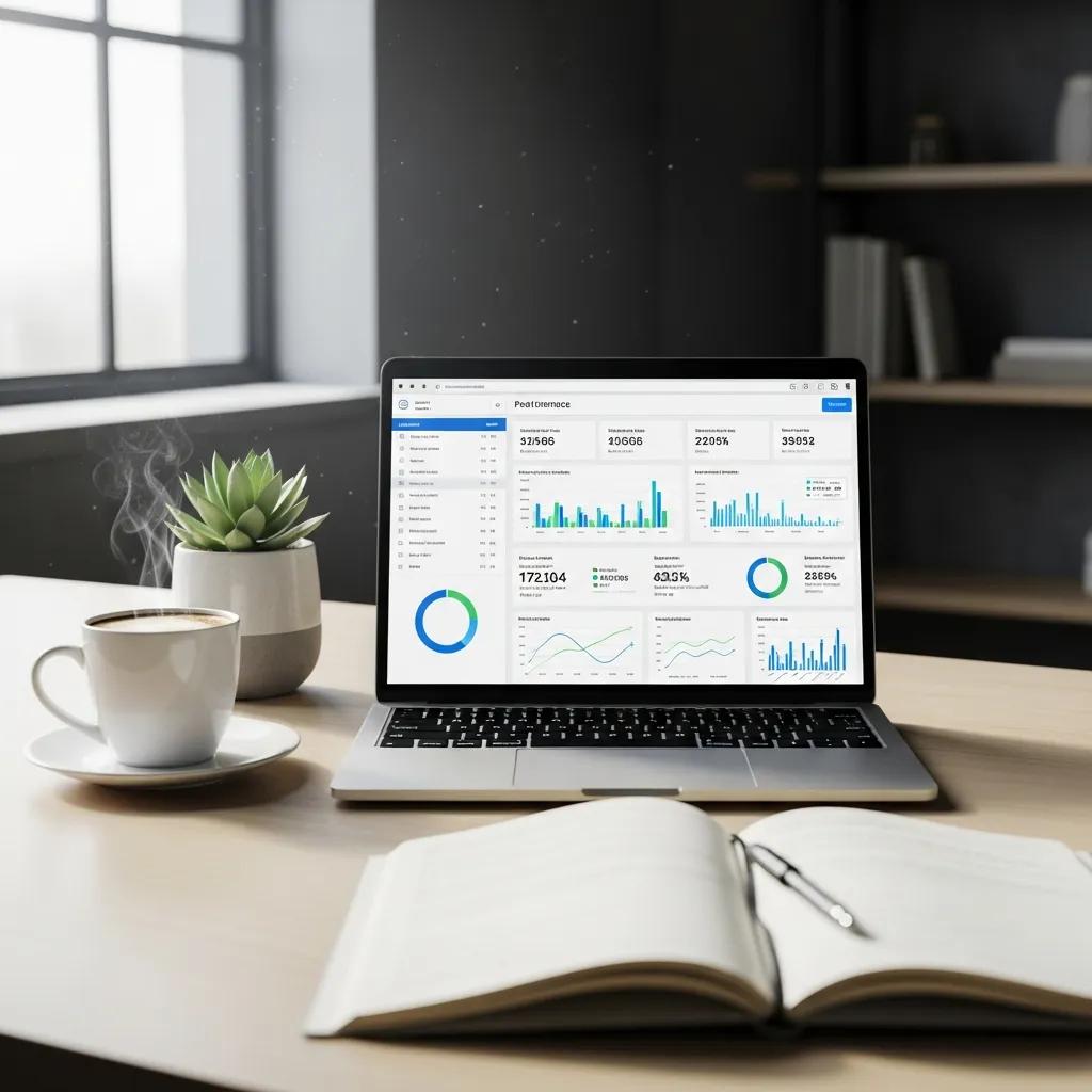 Professional workspace featuring a laptop displaying website performance metrics, a cup of coffee, and a potted plant, emphasizing technical SEO audit and site optimization.