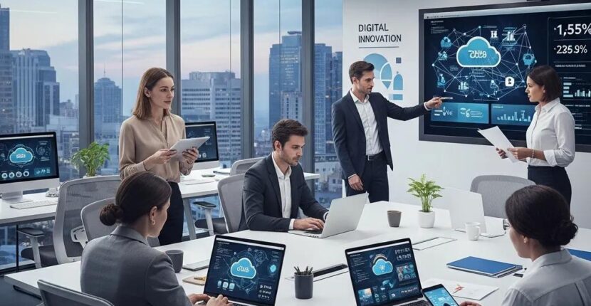 Team collaborating on AS400 modernization, discussing digital innovation strategies in a modern office setting with laptops and a presentation screen.