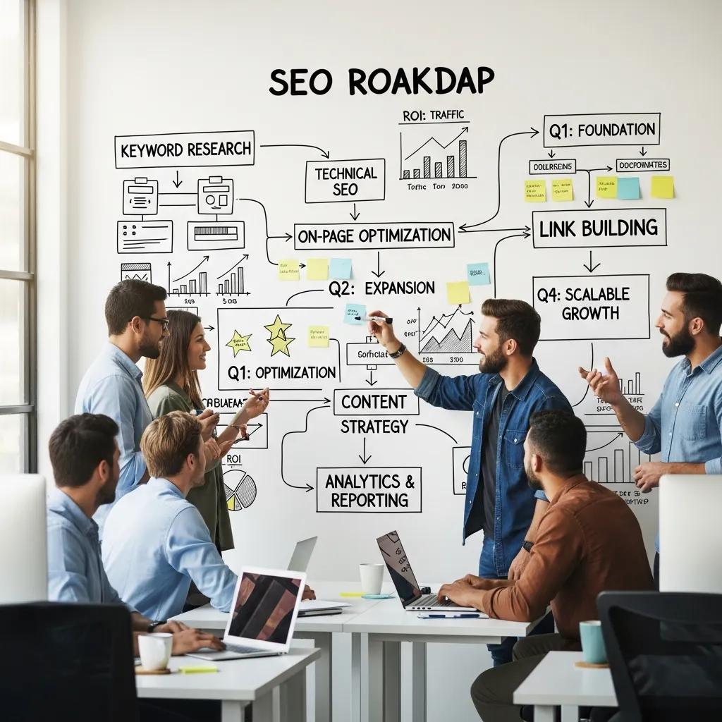 Team collaborating on SEO roadmap, discussing keyword research, technical SEO, on-page optimization, link building, and content strategy, with visual elements on whiteboard illustrating phases and metrics for scalable growth.