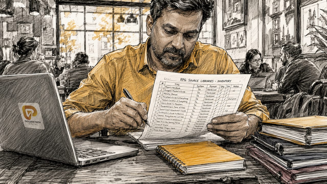 Person reviewing RPG source library inventory at desk