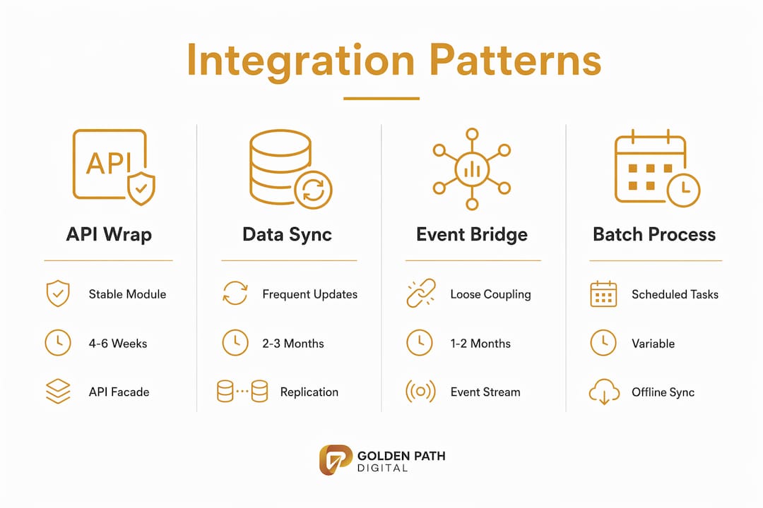 Infographic comparing legacy integration patterns with timelines and use cases
