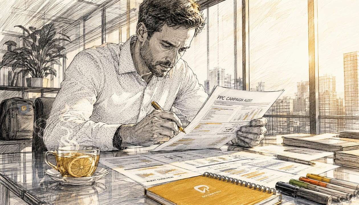 Man reviewing PPC audit reports in office