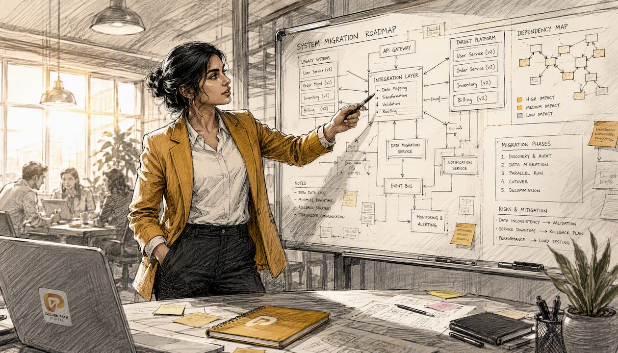 Architect reviewing migration flowchart in office