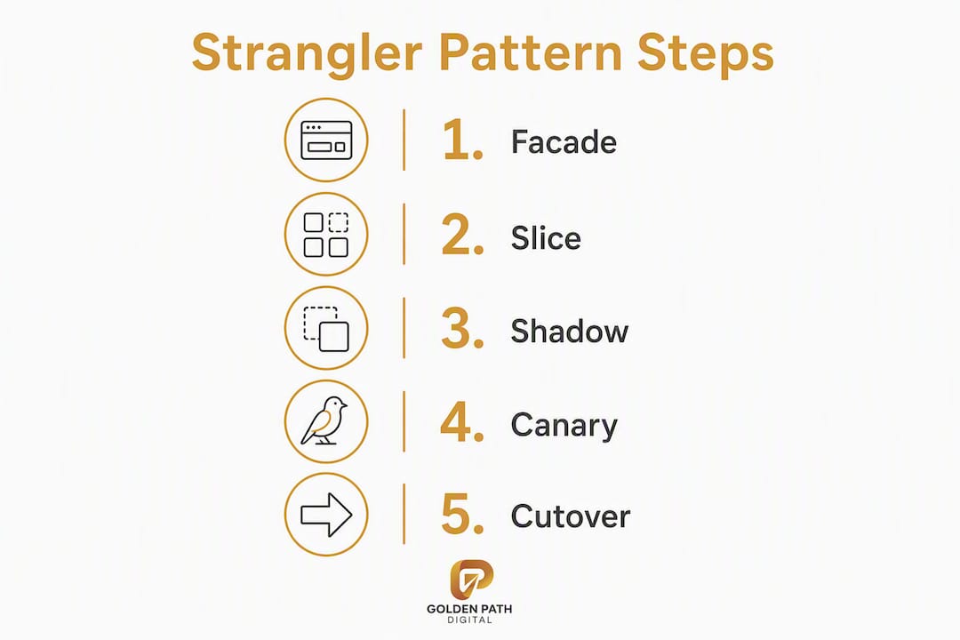 Infographic showing five steps of Strangler migration