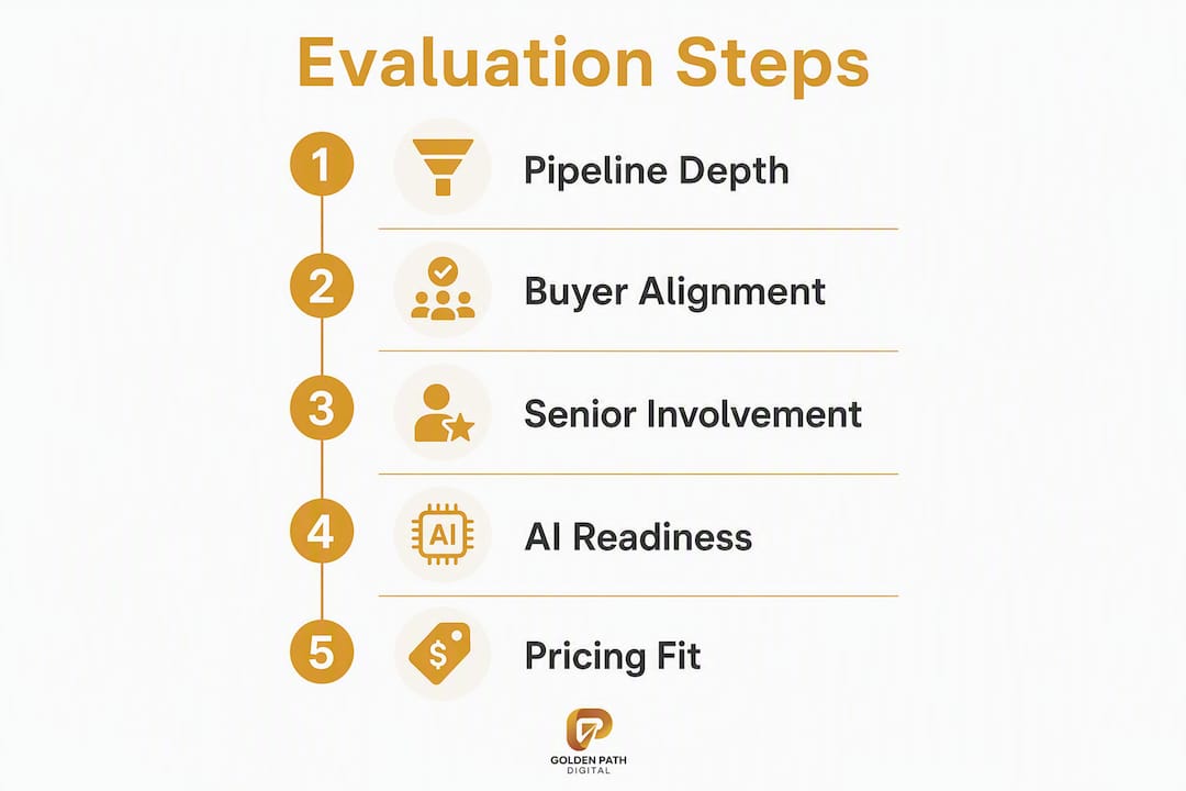 Infographic outlining SaaS SEO agency evaluation steps