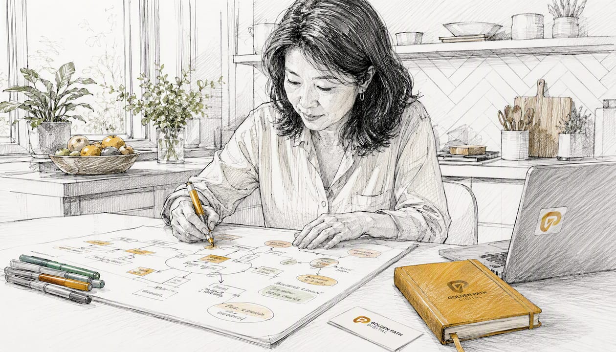 Person sketching process map at desk