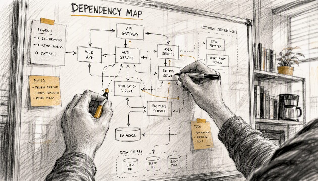 Hands drawing dependency map on whiteboard