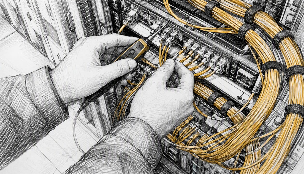 Hands tracing cables in server room