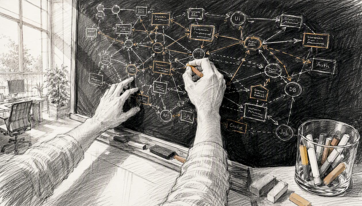 Hands drawing dependency graph on glass board