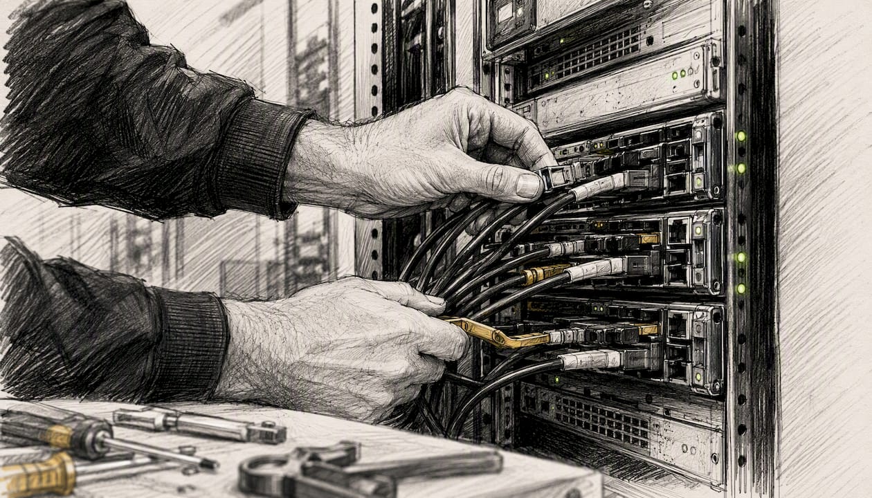 Hands connecting server cables in data center