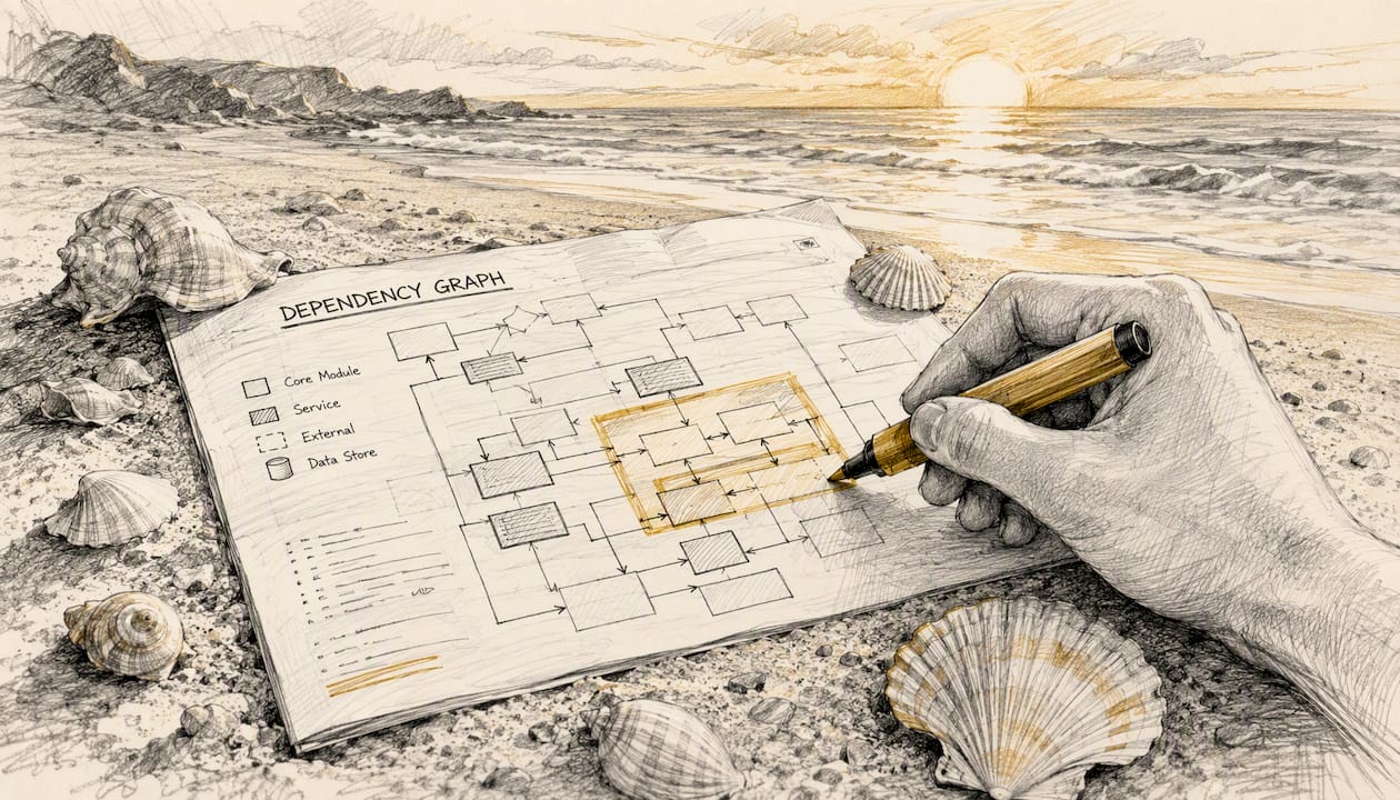 Hand marking dependency graph blueprint on desk