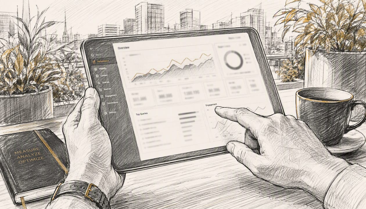 Hands navigating digital dashboard on tablet