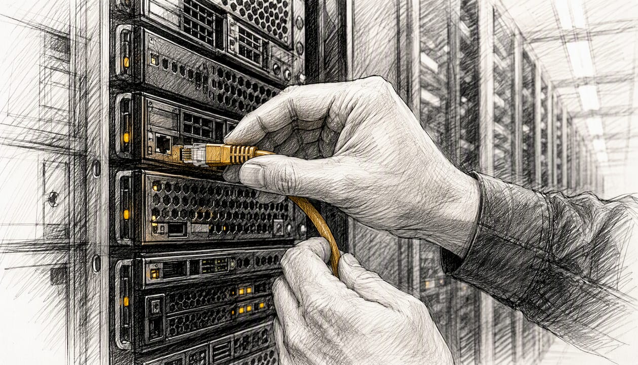 Hands connecting Ethernet cable in server rack