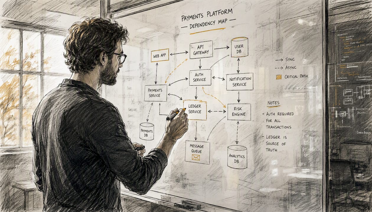 Hands drawing dependency map on whiteboard