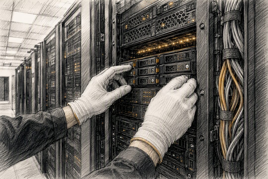Hands inspecting encrypted data servers