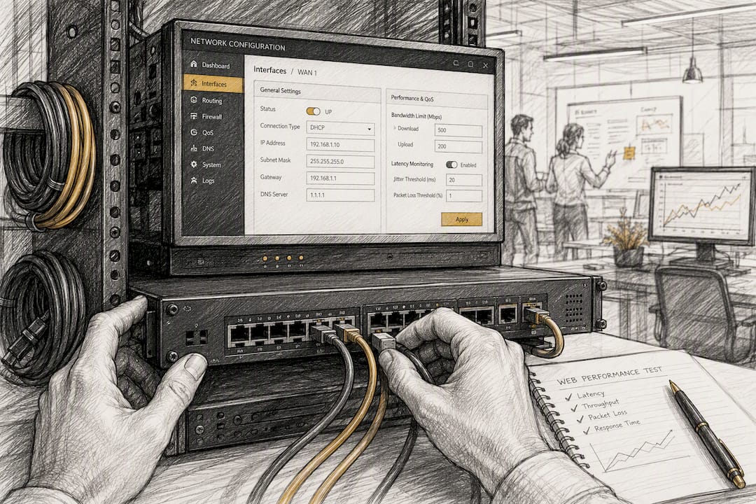 Hands connecting network cable for page testing