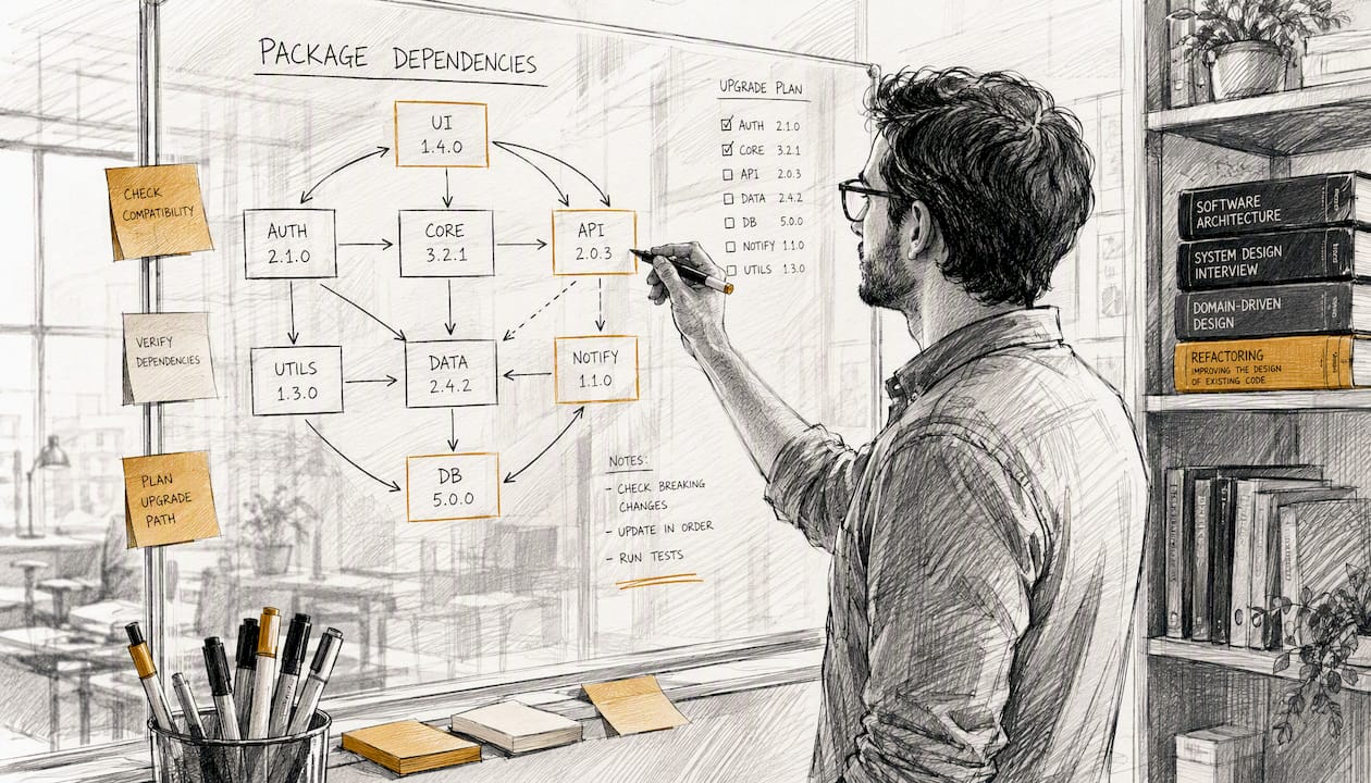 Hands mapping software dependencies on glass whiteboard