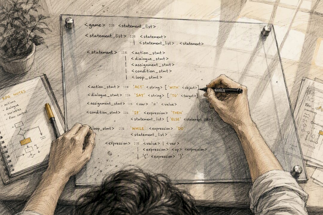 Hands writing RPG grammar on glass panel