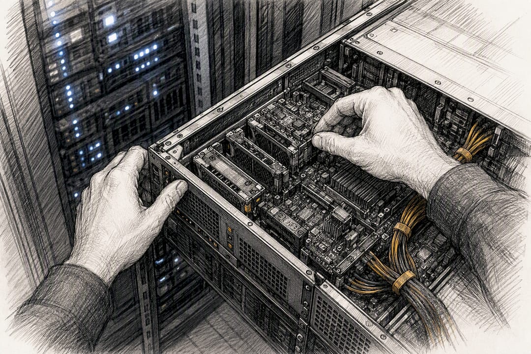 Hands inspecting open server hardware