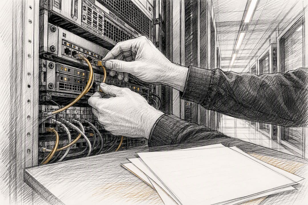 Hands plugging cables into database server