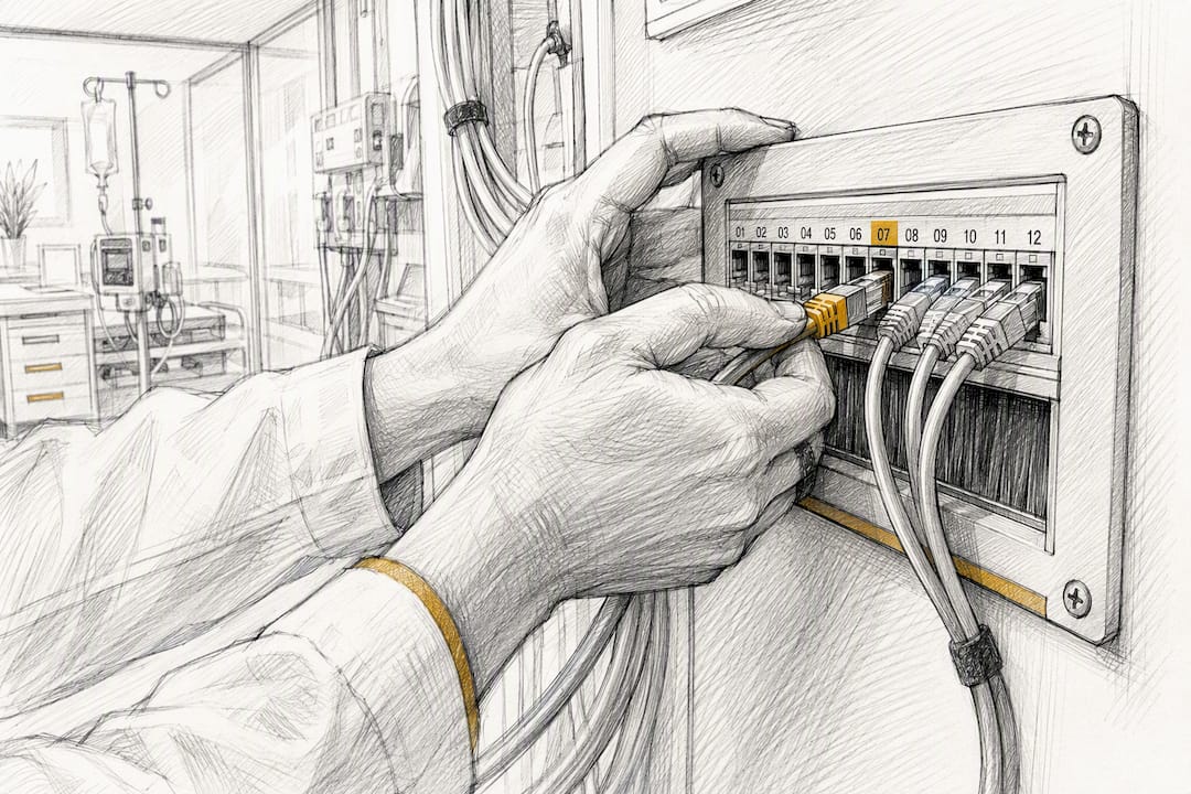 Hands connecting network cable in IT room